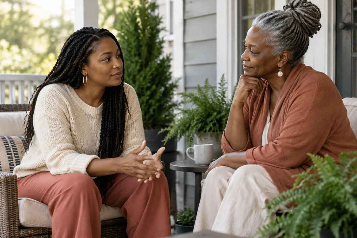 Two women listening to one another on a leafy porch