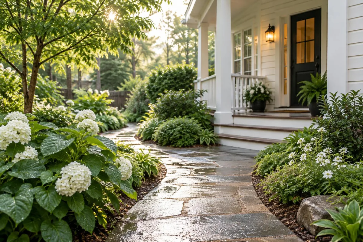 A winding garden path leading to a welcoming porch after rain