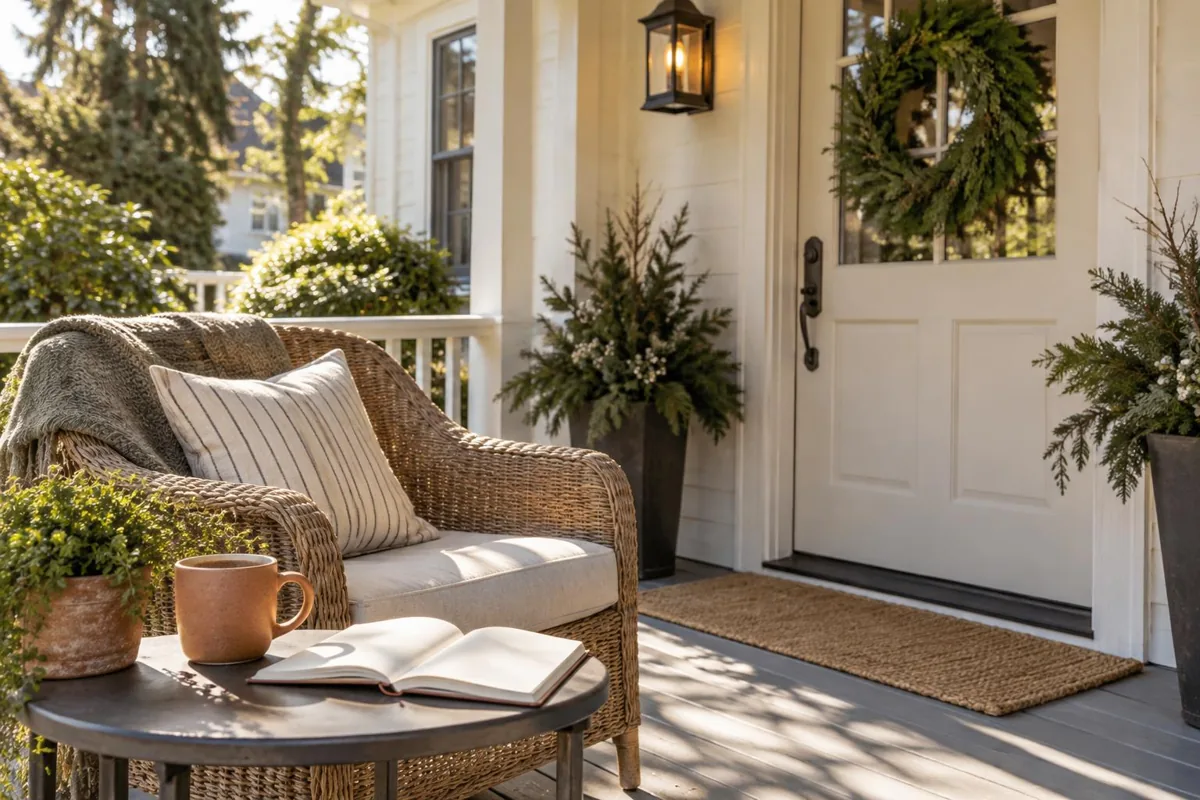 A journal and ceramic mug beside a woven porch chair