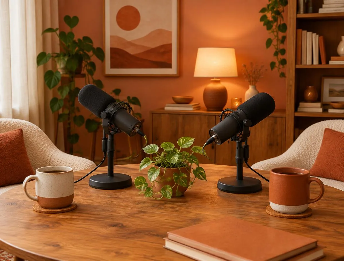 Two microphones on a cozy table