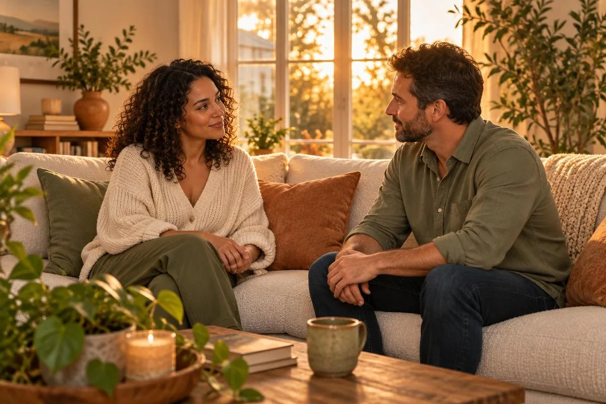 Illustrative placeholder: a couple sharing a calm conversation