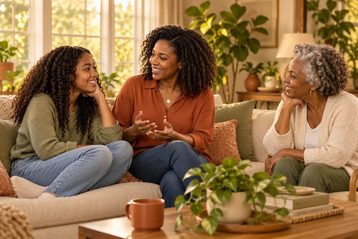 Illustrative placeholder: three generations talking together