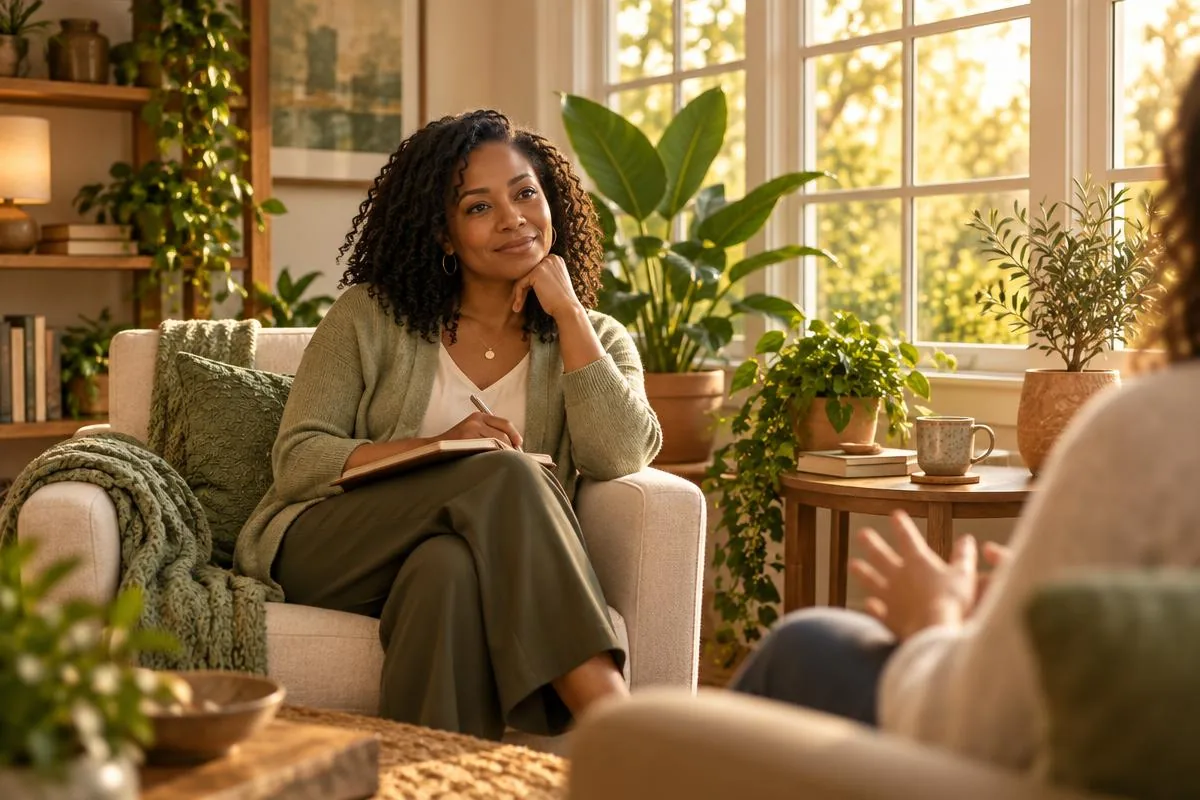 Illustrative placeholder: an attentive conversation in a sunlit room